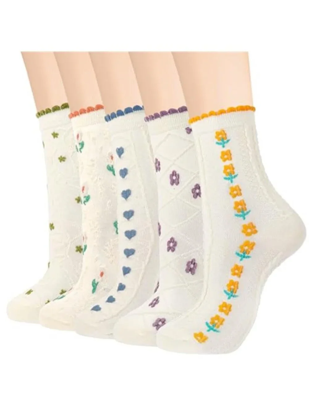 5 Pairs Frilly Socks for Women Lace Ruffles Ankle Casual Flower Floral Fancy